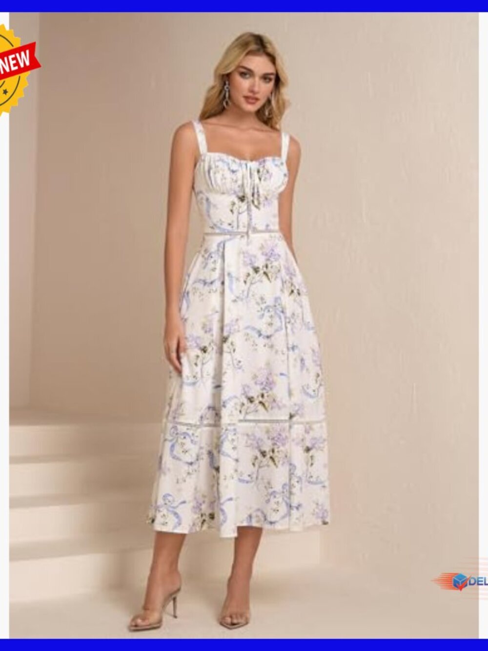 Floral Corset Midi Dress with Pockets Lace Up Back Cutout Summer Wedding Guest - Picture 2 of 6